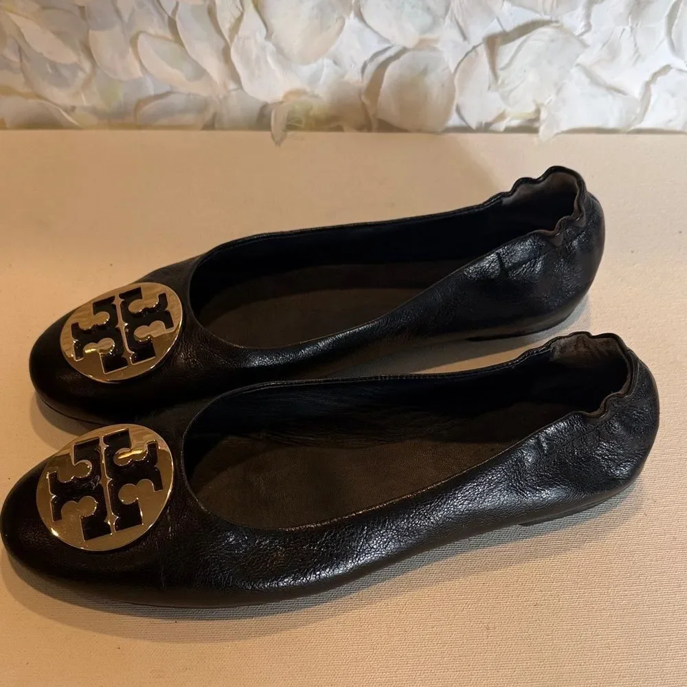 Tory Burch Black Leather Ballet Flats with Gold Logo Medallion